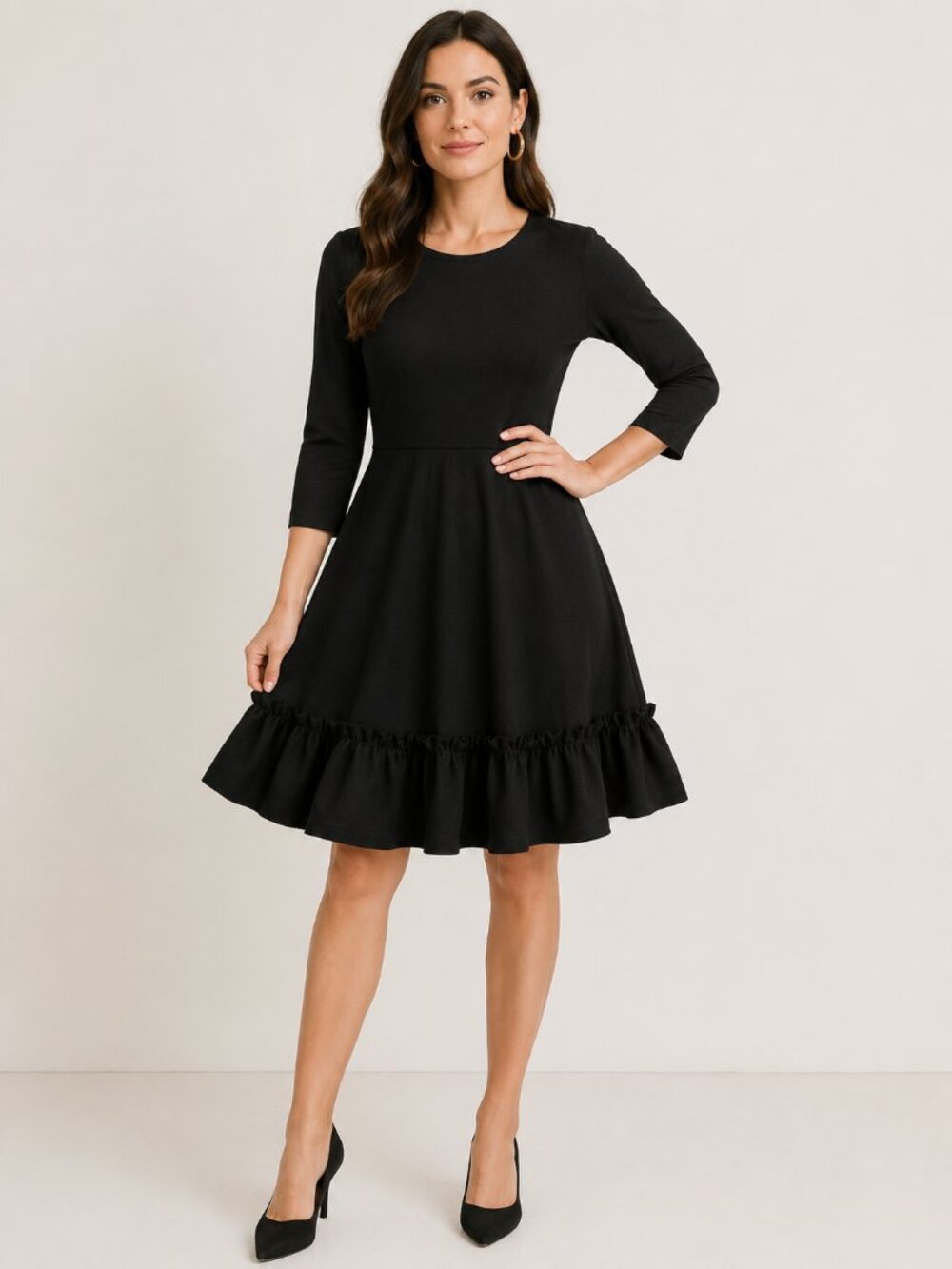 Women Black Ruffle Hem Dress Size 0 Elegant Long Sleeve Fit & Flare